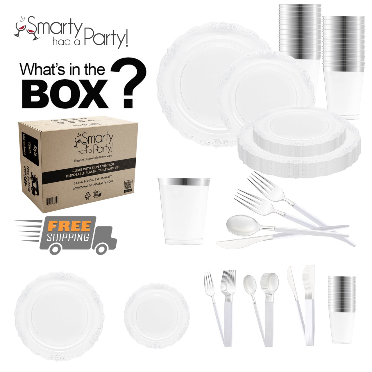 Clear with Silver Vintage Disposable Plastic Tableware Set (120 Settings)